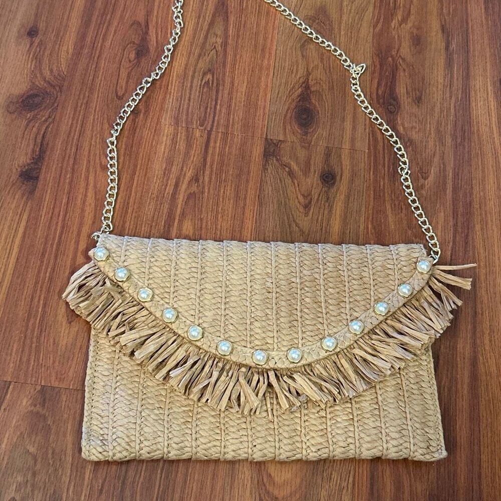 NWOT Sol and Mer tan Rafinha and Pearl clutch handbag with gold chain strap